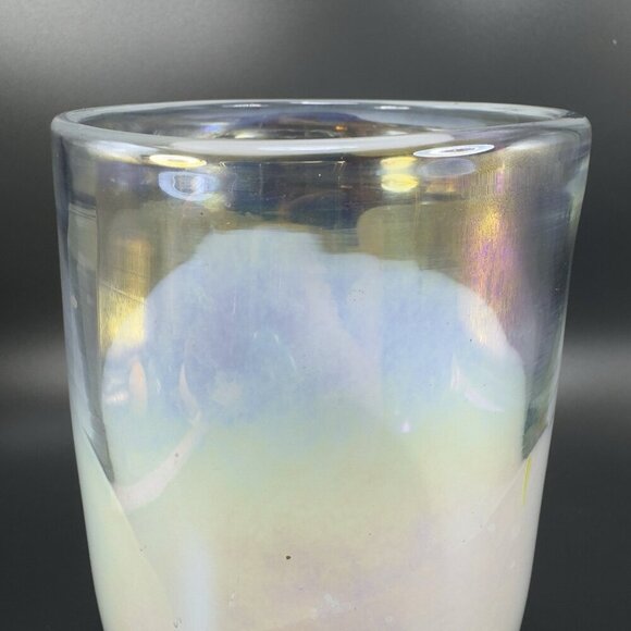 Heavy Art Glass Vase Vessel White Iridescent Finish Multicolor Glass Vase Decor - Picture 11 of 15